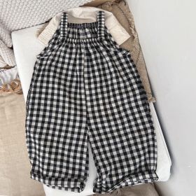 Baby Girl Plaid Pattern Sleeveless Strap Rompers In Spring (Color: Black, Size/Age: 80 (9-12M))