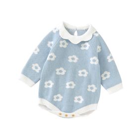 Baby Girl Floral Pattern Big Ruffle Collar Knit Cute Onesies (Color: Blue, Size/Age: 80 (9-12M))