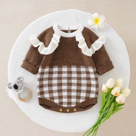 Baby Girl Checkerboard Pattern Lace Design Onesies In Autumn (Color: Brown, Size/Age: 90 (12-24M))