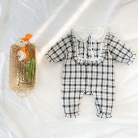 Baby Girl Plaid Pattern Frill Trim Design Thickened Thermal Cotton Jumpsuit (Color: Black, Size/Age: 80 (9-12M))