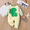 Baby Boy Cartoon Dinosaur Embroidered Pattern Contrast Design Side Button Rompers