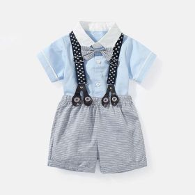 Baby Boy Solid Color Single Breasted Design Onesies With Bow Tie Combo Striped Overalls Shorts Sets (Color: Blue, Size/Age: 59 (0-3M))