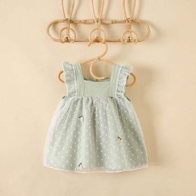 Baby Girls Pineapple Embroidery Polka Dot Lace Patchwork Square Collar Sleeveless Dress In Summer (Color: Green, Size/Age: 110 (3-5Y))