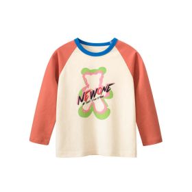 Baby Girl Bear Print Pattern Color Matching Design Cute Shirt (Color: Apricot, Size/Age: 90 (12-24M))