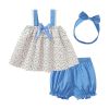 Baby Girl Floral Graphic Bow Tie Patched Design Lace Sling Tops Combo Solid Blue Shorts Sets