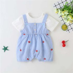 Baby Girl 1pcs Plaid Graphic Strawberries Embroidery Snap Button Jumpsuit & Solid Tee Sets (Color: Blue, Size/Age: 90 (12-24M))