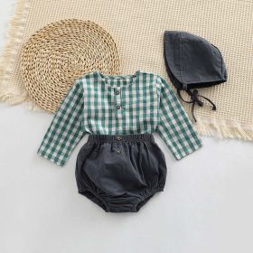 Baby Plaid Graphic Tops And Solid Shorts With Hat 1Pieces Sets (Color: Green, Size/Age: 90 (12-24M))