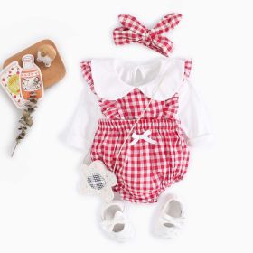 Baby Girl Doll Neck Solid Shirt & Red Plaid Graphic Bow Patched Bodysuit 1 Pieces Sets (Color: Red, Size/Age: 73 (6-9M))