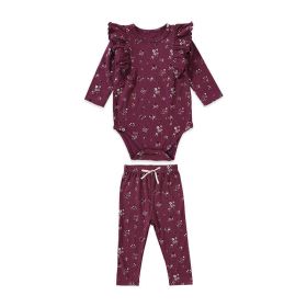 Baby Girl Ditsy Flower Pattern Ruffle Design Onesies With Pants Sets (Color: Purple, Size/Age: 80 (9-12M))