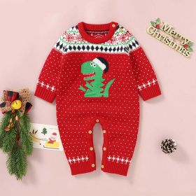 Baby Dinosaur And Dot Print Pattern Christmas Style Knit Warm Romper (Color: Red, Size/Age: 80 (9-12M))