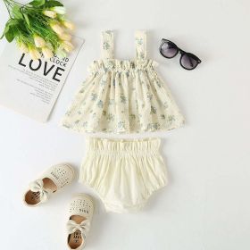 Baby Girl Floral Print Pattern Sleeveless Tops Combo Shorts Sets In Summer (Color: Blue, Size/Age: 110 (3-5Y))