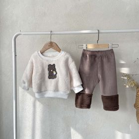 Baby Bear Embroidered Pattern Plush Hoodies Combo Pants Pieces Sets (Color: White, Size/Age: 100 (2-3Y))