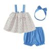 Baby Girl Floral Graphic Bow Tie Patched Design Lace Sling Tops Combo Solid Blue Shorts Sets